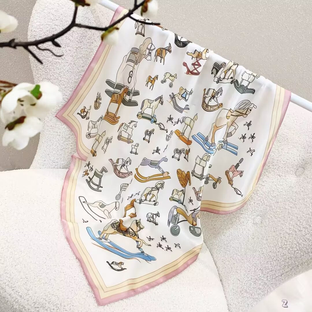 [ Vintage Victorian Rocking Horses ] 100% Real Silk Bandana 70x70cm – Premium 33g Mulberry Silk Square Scarf