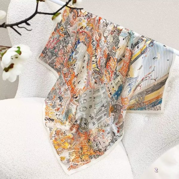 [ Vintage Mythological Panoramic Town ] 100% Real Silk Bandana 70x70cm – Premium 33g Mulberry Silk Square Scarf