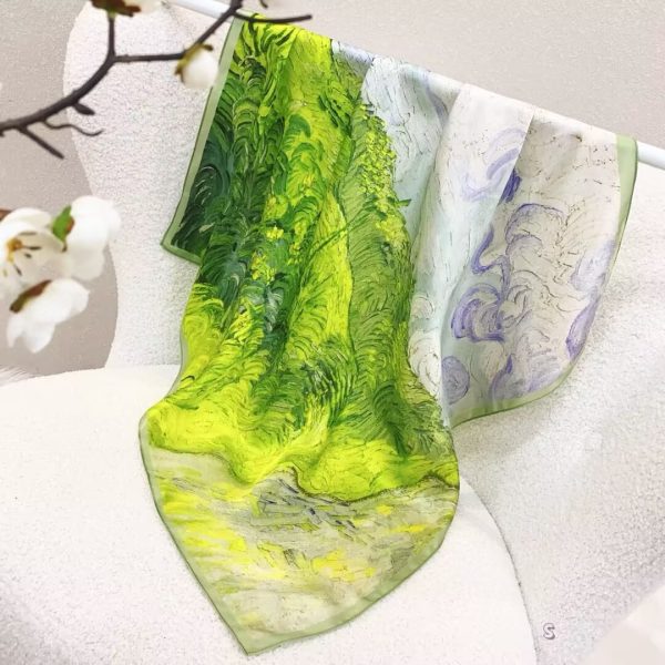 [ Van Gogh Impressionism Cypress ] 100% Real Silk Bandana 70x70cm – Premium 33g Mulberry Silk Square Scarf