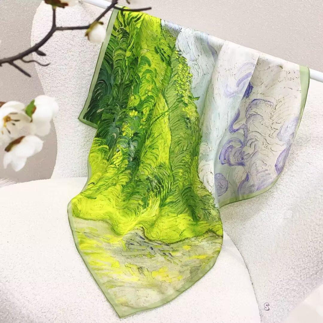 [ Van Gogh Impressionism Cypress ] 100% Real Silk Bandana 70x70cm – Premium 33g Mulberry Silk Square Scarf