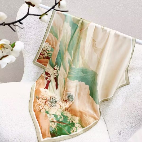 [ Modern Marble Landscape & Floral ] 100% Real Silk Bandana 70x70cm – Premium 33g Mulberry Silk Square Scarf