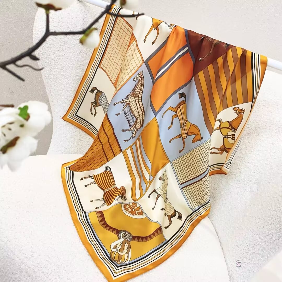 [ Vintage Equestrian Horses Patchwork ] 100% Real Silk Bandana 70x70cm – Premium 33g Mulberry Silk Square Scarf