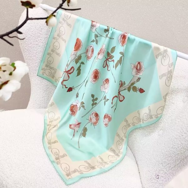 [ French Romantic Ribbon Roses ] 100% Real Silk Bandana 70x70cm – Premium 33g Mulberry Silk Square Scarf