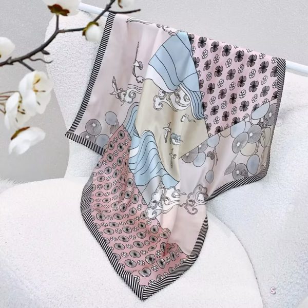[ Modern Geometric Collage & Waves ] 100% Real Silk Bandana 70x70cm – Premium 33g Mulberry Silk Square Scarf