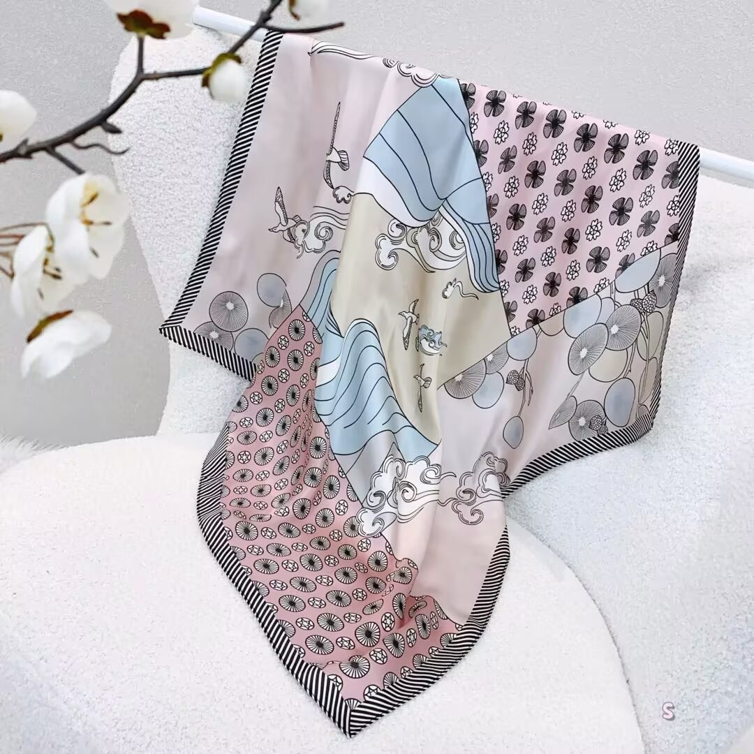 [ Modern Geometric Collage & Waves ] 100% Real Silk Bandana 70x70cm – Premium 33g Mulberry Silk Square Scarf