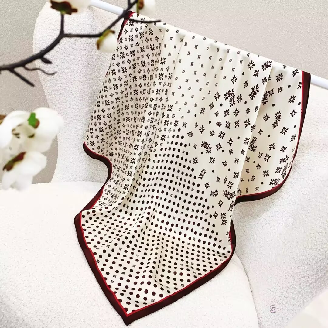 [ Modern Polka Dot Matrix & Daisy ] 100% Real Silk Bandana 70x70cm – Premium 33g Mulberry Silk Square Scarf