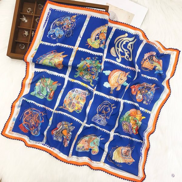 [ French Rococo Courtly Bows ] 100% Real Crepe de Chine Satin Silk Bandana 70x70cm – Heavyweight 50g Square Scarf with Scalloped Lace Border