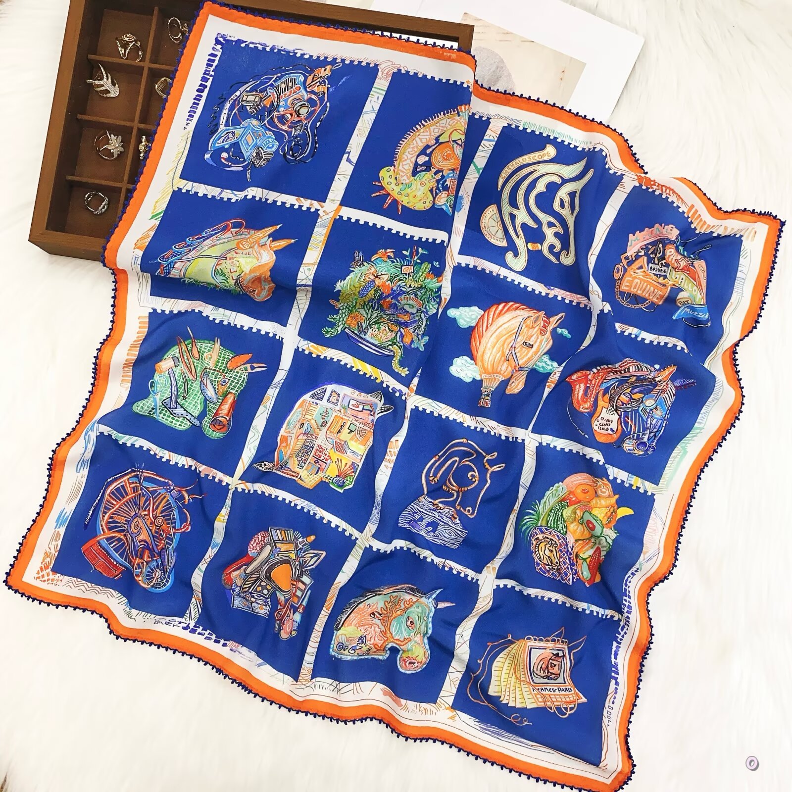 [ French Rococo Courtly Bows ] 100% Real Crepe de Chine Satin Silk Bandana 70x70cm – Heavyweight 50g Square Scarf with Scalloped Lace Border