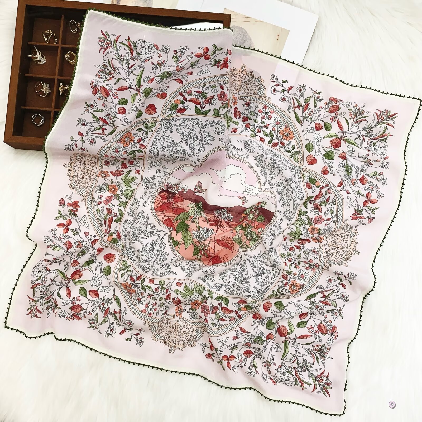 [ French Romantic Botanical Garden ] 100% Real Crepe de Chine Satin Silk Bandana 70x70cm – Heavyweight 50g Square Scarf with Scalloped Lace Border