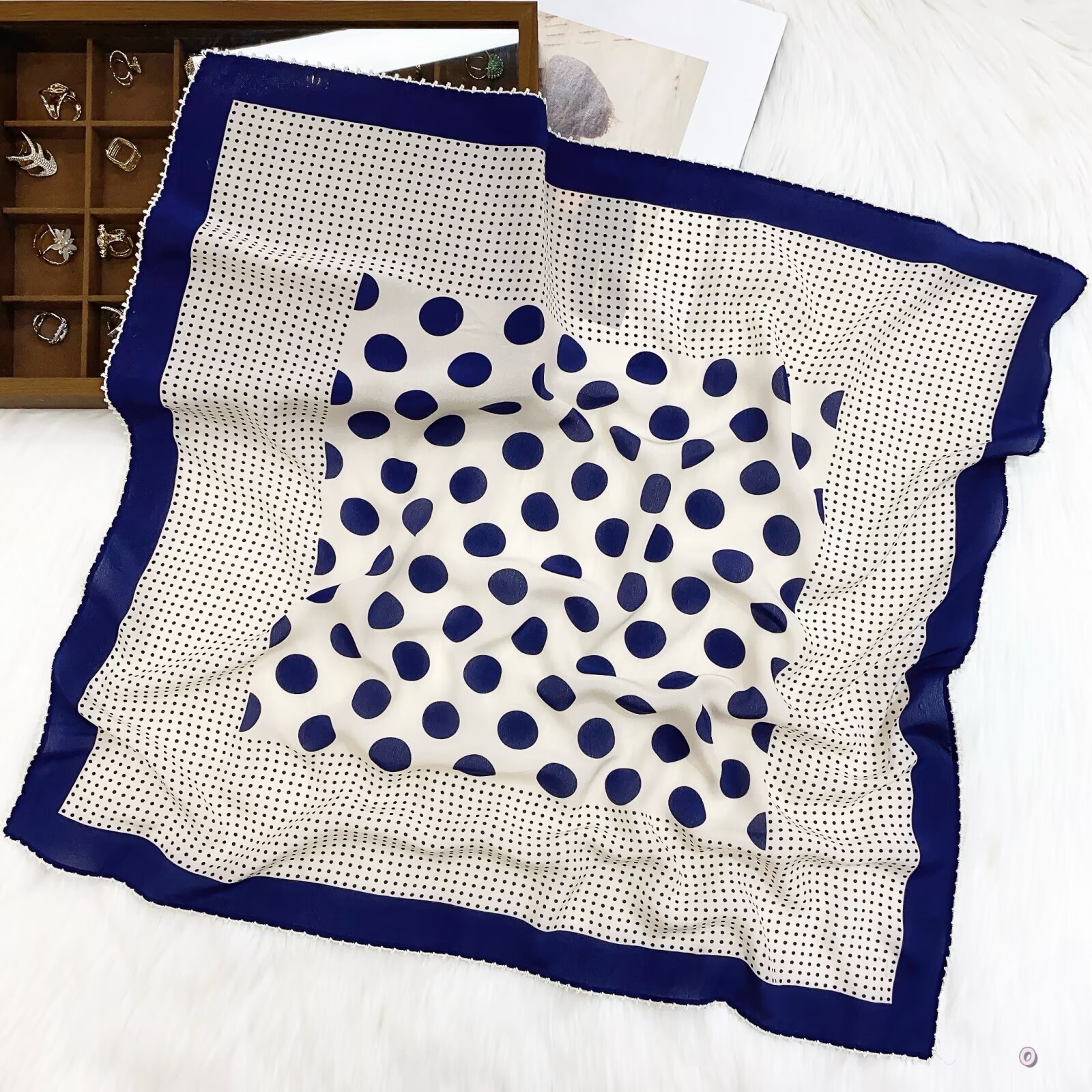 [ Modern Polka Dot Matrix Deconstruction ] 100% Real Crepe de Chine Satin Silk Bandana 70x70cm – Heavyweight 50g Square Scarf with Scalloped Lace Border