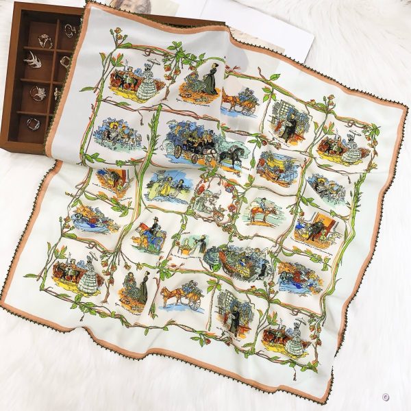 [ Vintage Equestrian Manor Vignettes ] 100% Real Crepe de Chine Satin Silk Bandana 70x70cm – Heavyweight 50g Square Scarf with Scalloped Lace Border