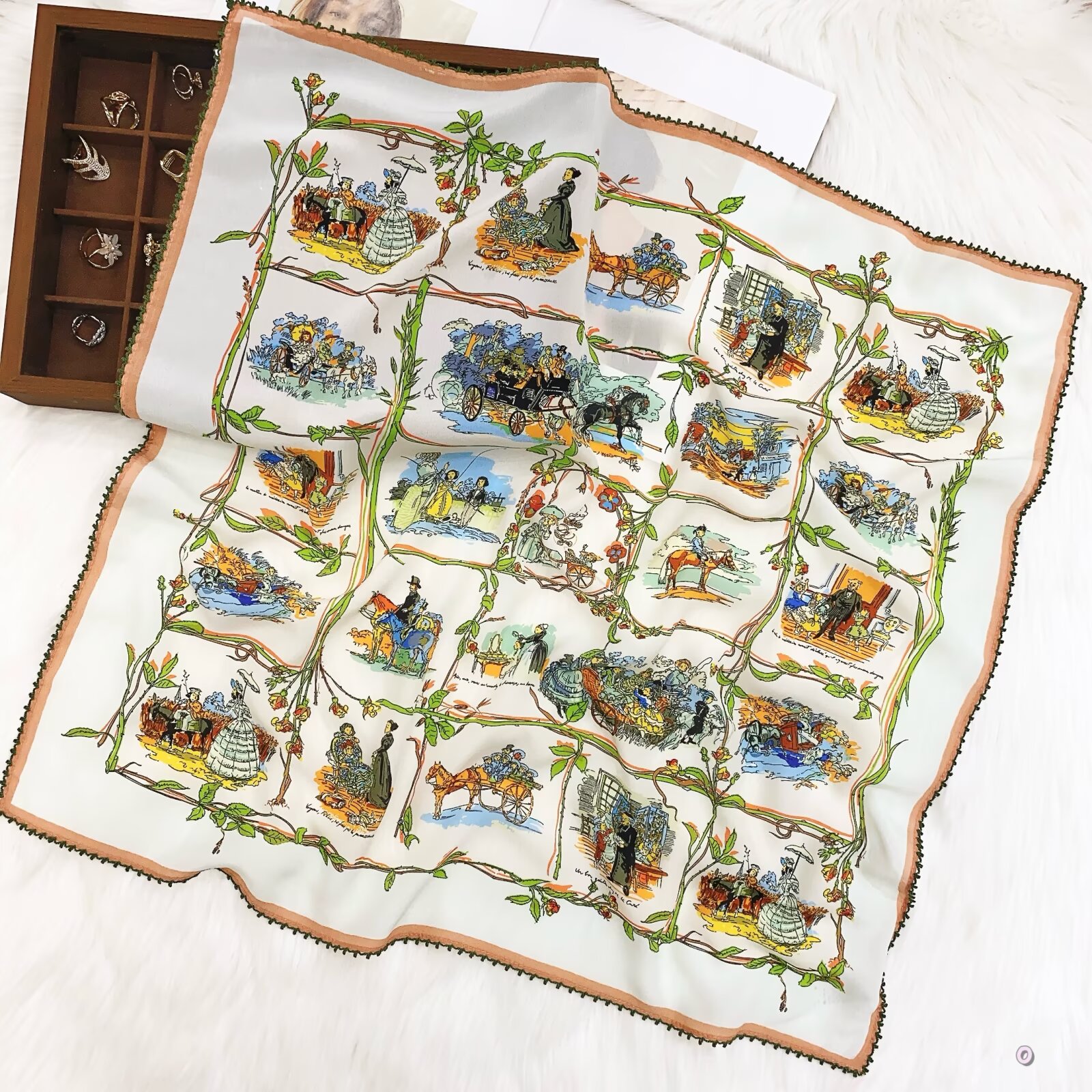 [ Vintage Equestrian Manor Vignettes ] 100% Real Crepe de Chine Satin Silk Bandana 70x70cm – Heavyweight 50g Square Scarf with Scalloped Lace Border