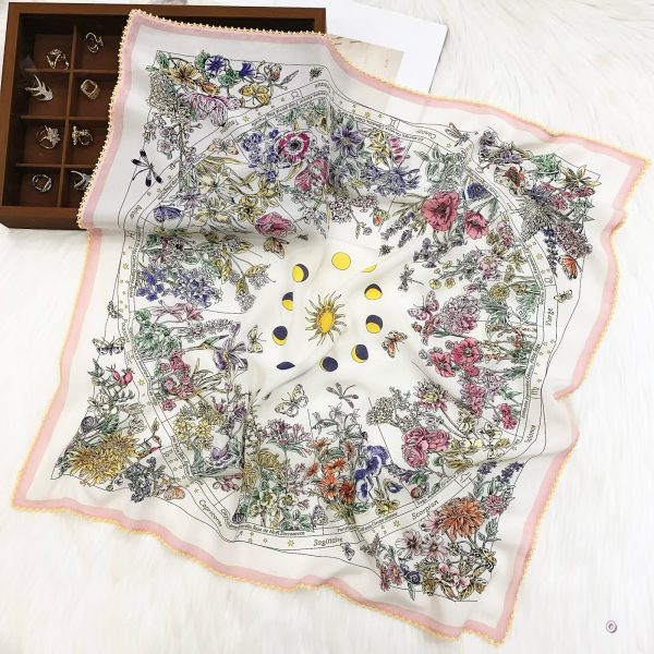 [ Mystical Astrology Moon Phases & Flowers ] 100% Real Crepe de Chine Satin Silk Bandana 70x70cm – Heavyweight 50g Square Scarf with Scalloped Lace Border