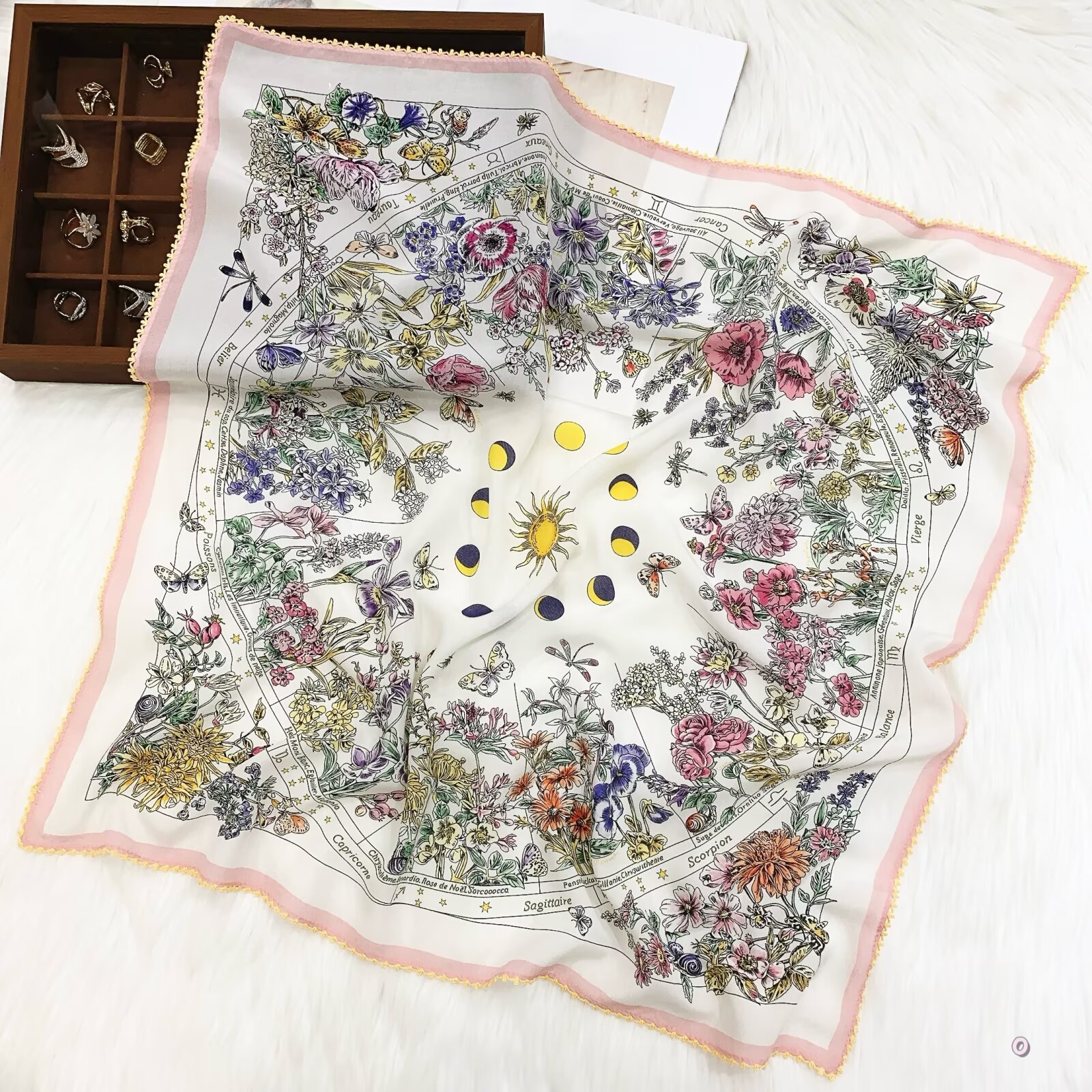 [ Mystical Astrology Moon Phases & Flowers ] 100% Real Crepe de Chine Satin Silk Bandana 70x70cm – Heavyweight 50g Square Scarf with Scalloped Lace Border