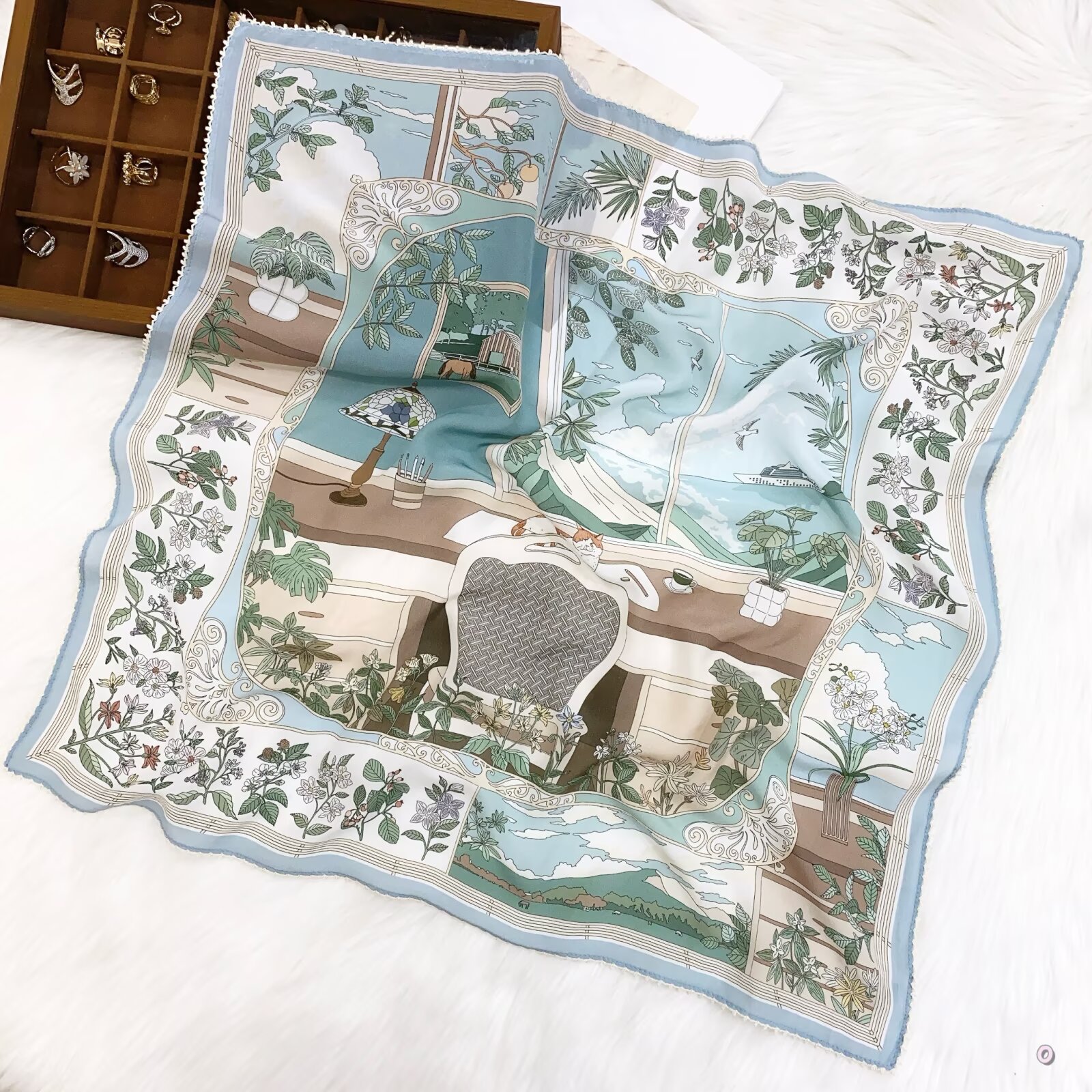 [ French Artist Studio & Sea View ] 100% Real Crepe de Chine Satin Silk Bandana 70x70cm – Heavyweight 50g Square Scarf with Scalloped Lace Border