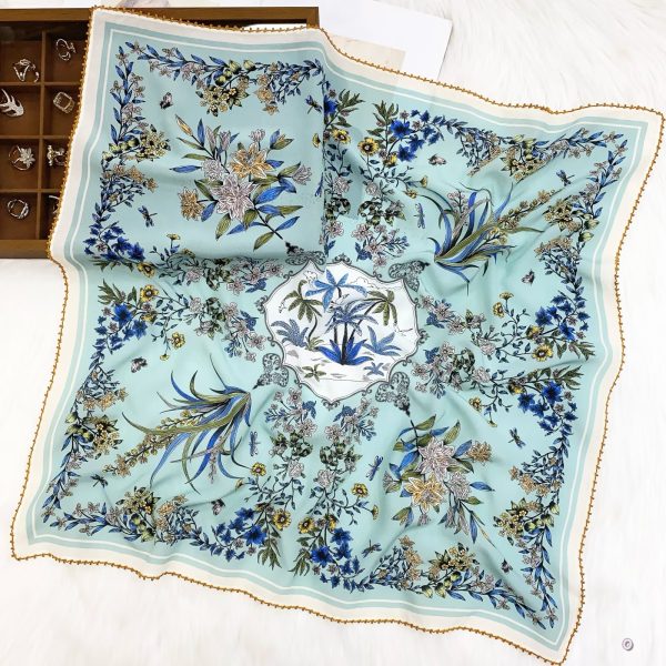 [ French Tropical Palm Oasis ] 100% Real Crepe de Chine Satin Silk Bandana 70x70cm – Heavyweight 50g Square Scarf with Scalloped Lace Border