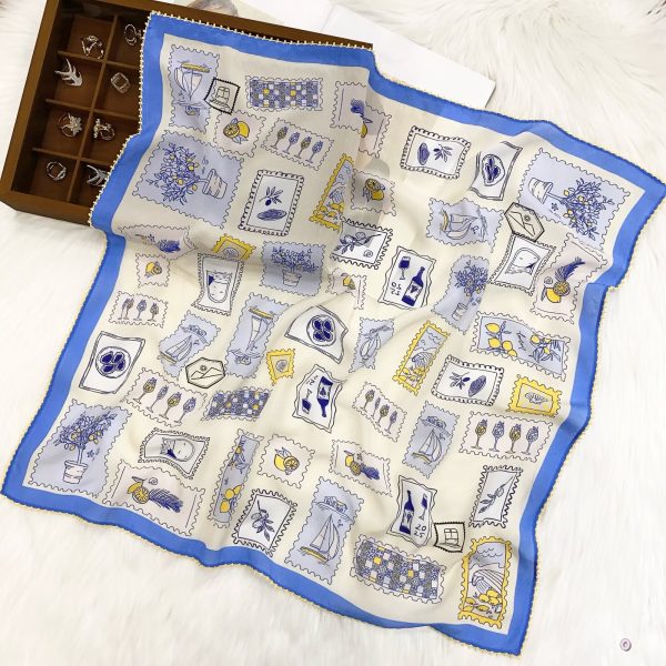 [ French Vintage Postal Stamps ] 100% Real Crepe de Chine Satin Silk Bandana 70x70cm – Heavyweight 50g Square Scarf with Scalloped Lace Border