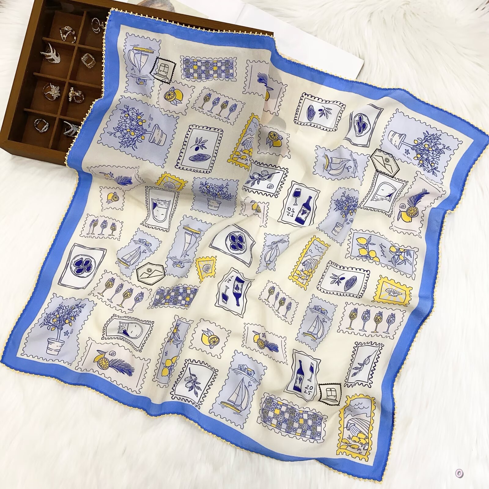 [ French Vintage Postal Stamps ] 100% Real Crepe de Chine Satin Silk Bandana 70x70cm – Heavyweight 50g Square Scarf with Scalloped Lace Border