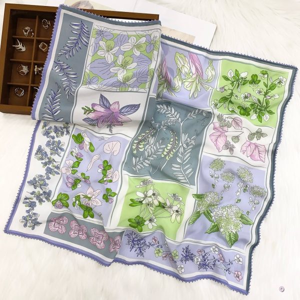[ French Botanical Specimen Collage ] 100% Real Crepe de Chine Satin Silk Bandana 70x70cm – Heavyweight 50g Square Scarf with Scalloped Lace Border