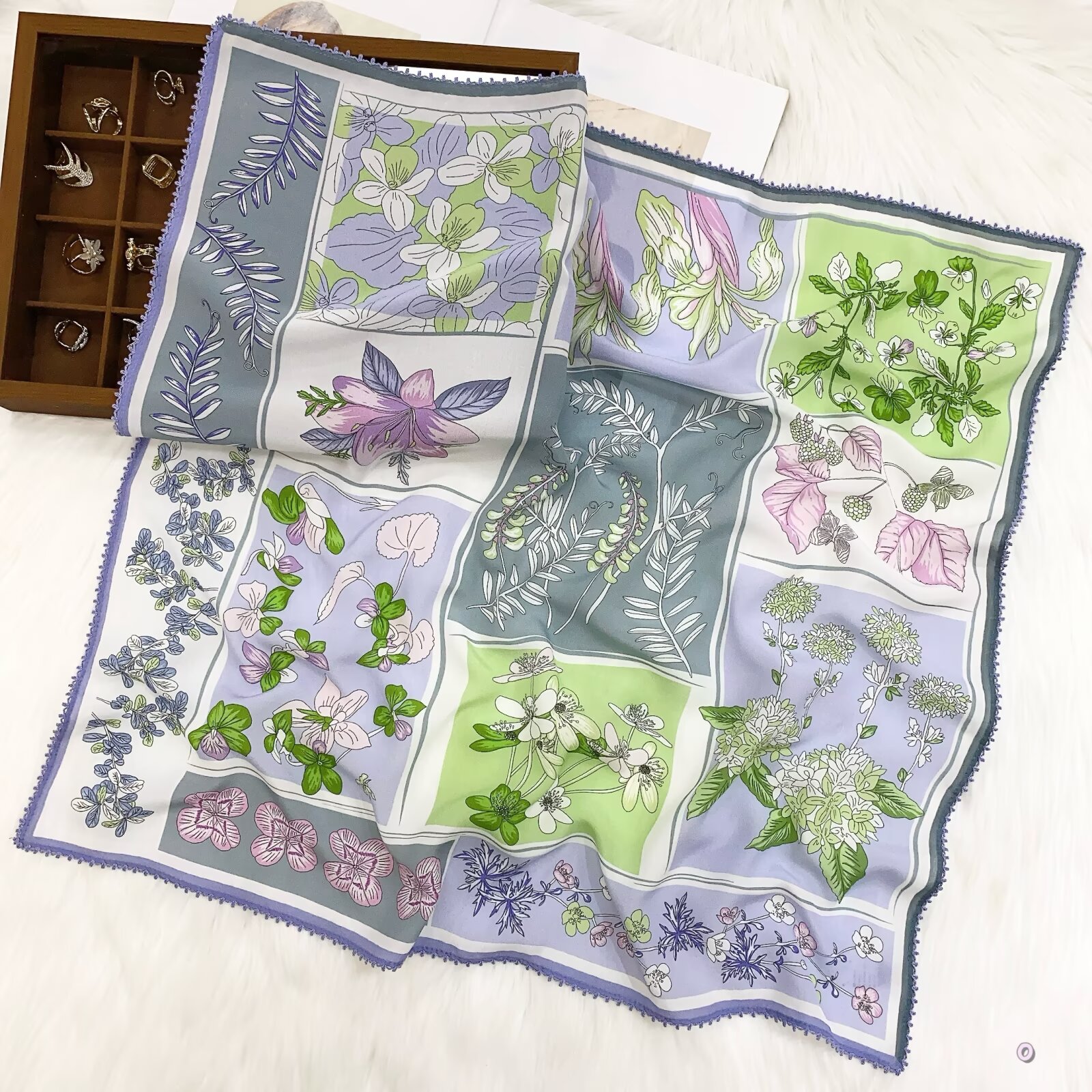 [ French Botanical Specimen Collage ] 100% Real Crepe de Chine Satin Silk Bandana 70x70cm – Heavyweight 50g Square Scarf with Scalloped Lace Border