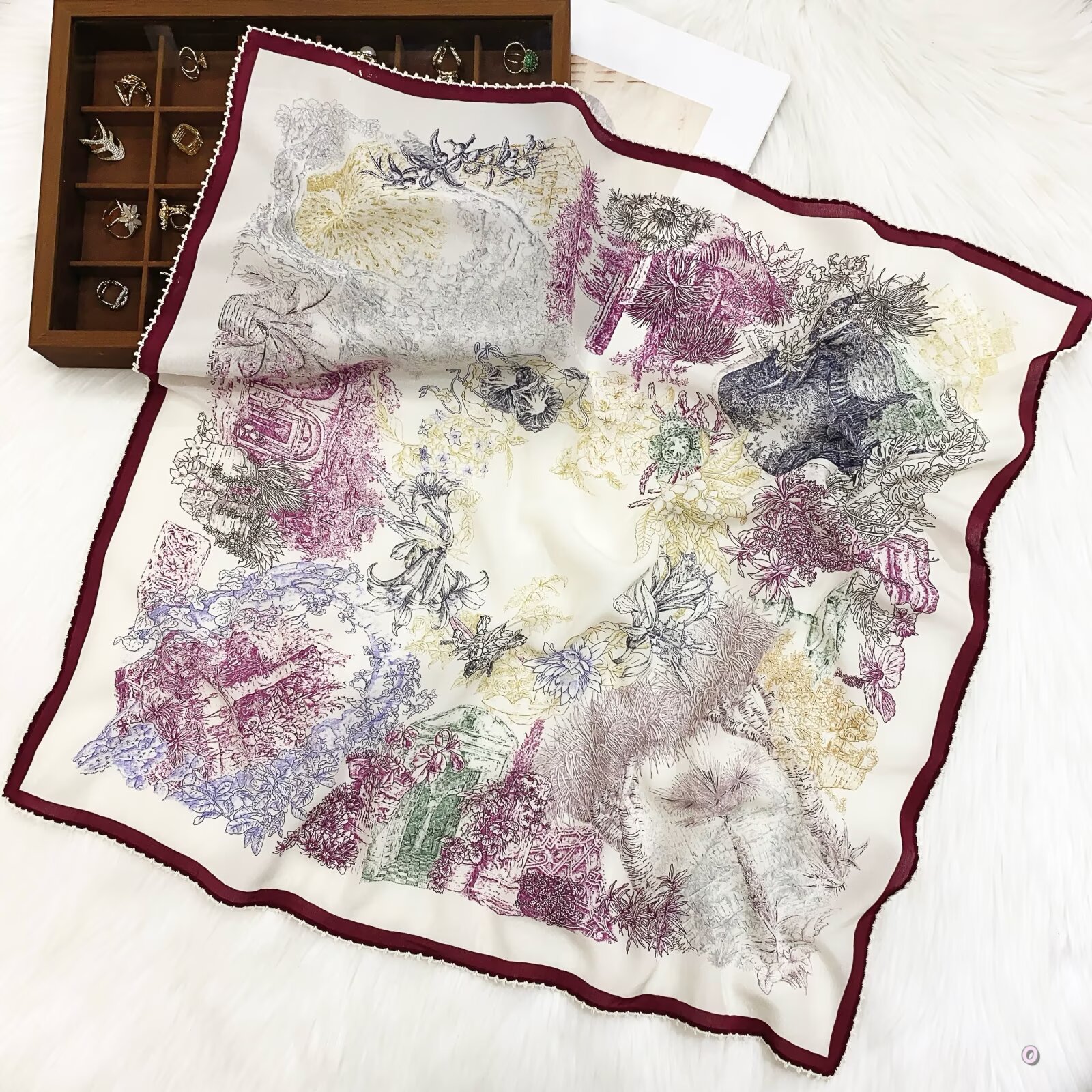 [ French Medieval Castle Garden ] 100% Real Crepe de Chine Satin Silk Bandana 70x70cm – Heavyweight 50g Square Scarf with Scalloped Lace Border