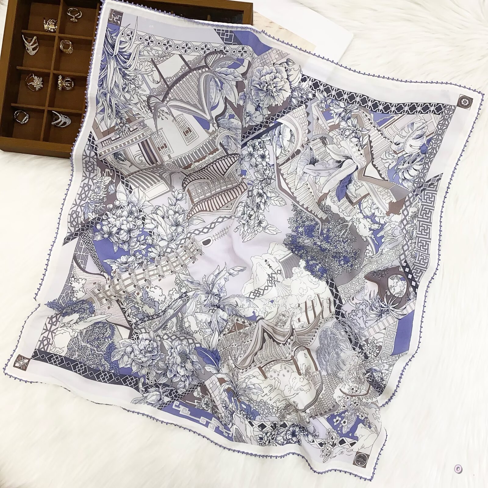 [ Vintage Chinoiserie Porcelain Garden ] 100% Real Crepe de Chine Satin Silk Bandana 70x70cm – Heavyweight 50g Square Scarf with Scalloped Lace Border