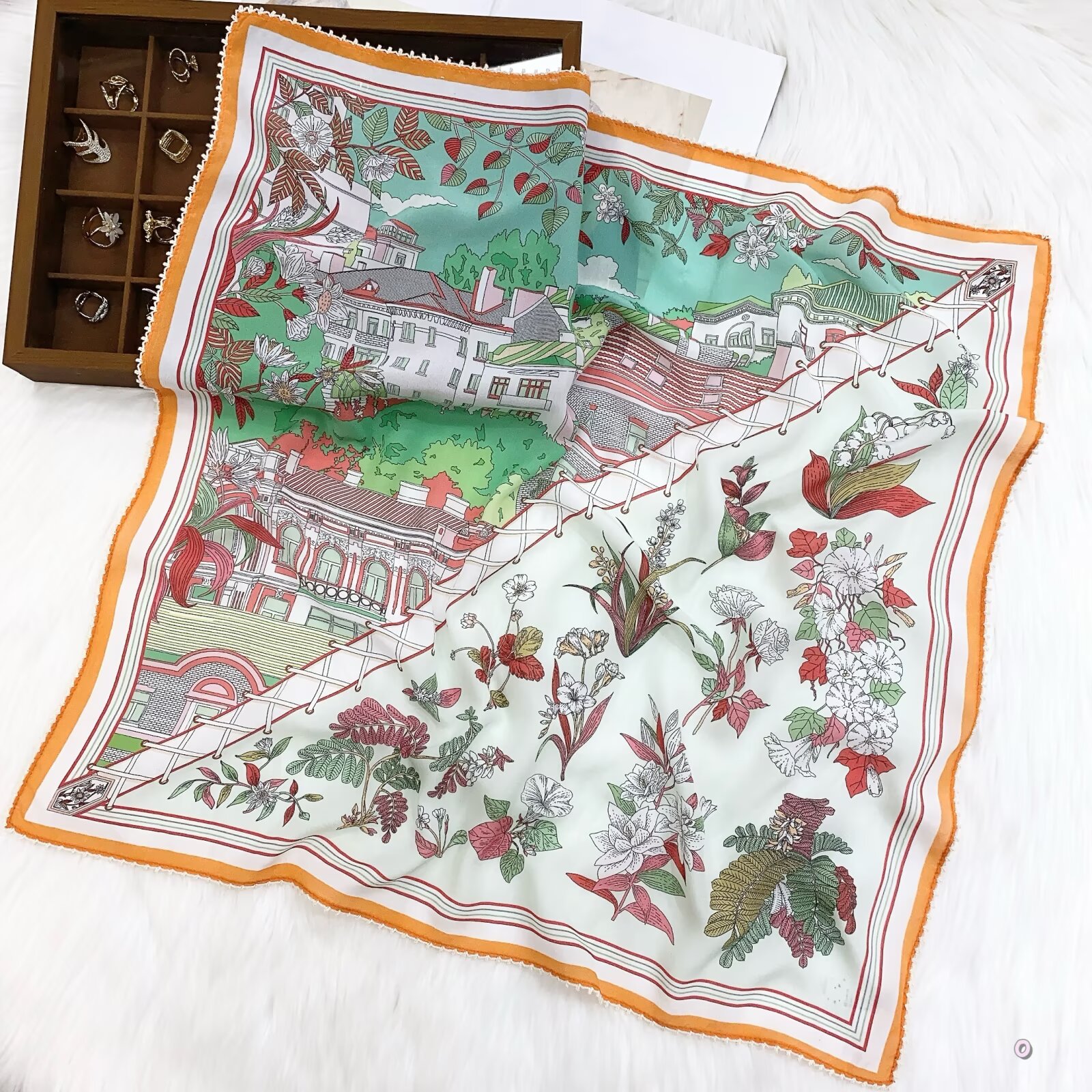 [ French Vintage Manor & Flowers ] 100% Real Crepe de Chine Satin Silk Bandana 70x70cm – Heavyweight 50g Square Scarf with Scalloped Lace Border