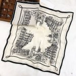 [ Parisian Vintage Architecture Sketch ] 100% Real Crepe de Chine Satin Silk Bandana 70x70cm – Heavyweight 50g Square Scarf with Scalloped Lace Border