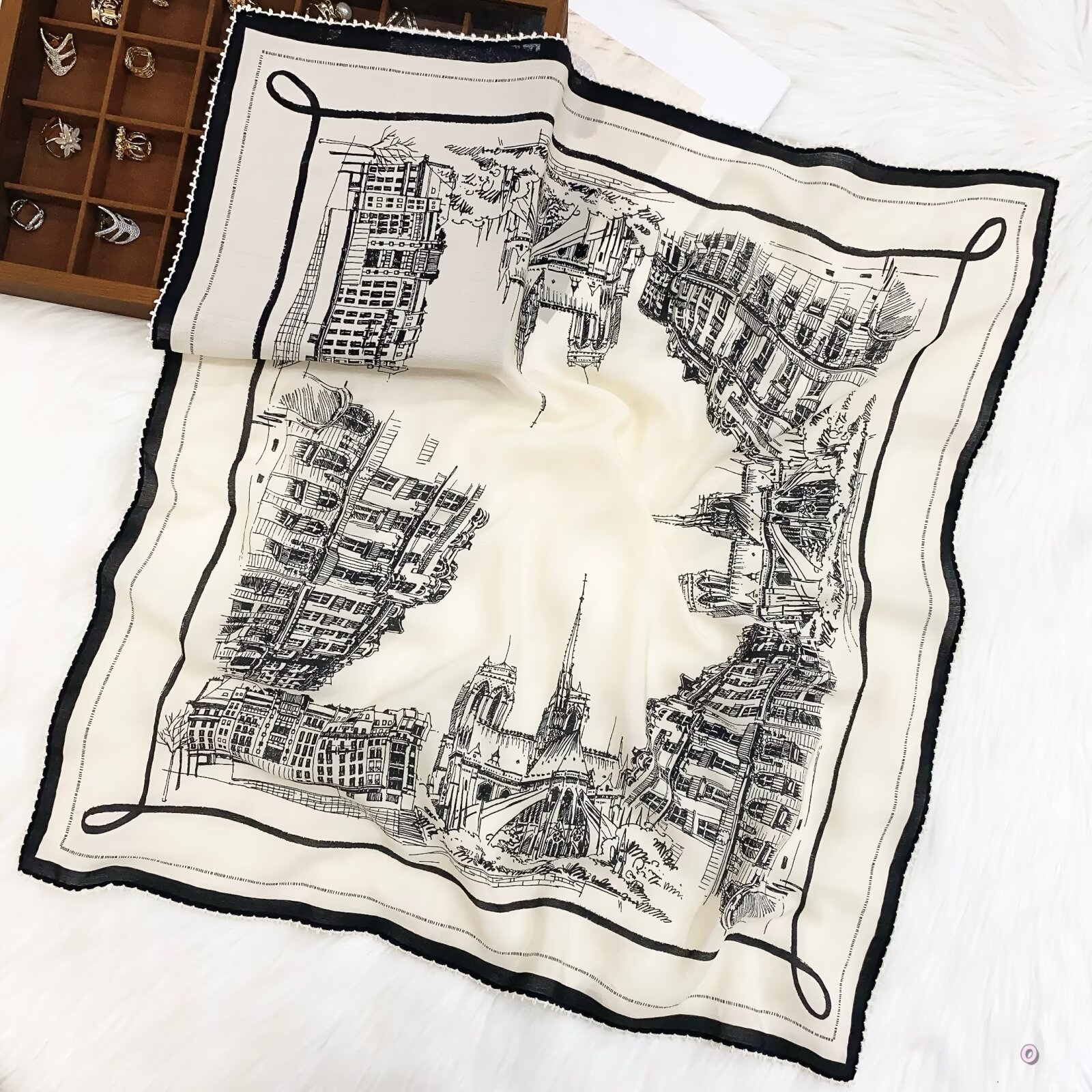 [ Parisian Vintage Architecture Sketch ] 100% Real Crepe de Chine Satin Silk Bandana 70x70cm – Heavyweight 50g Square Scarf with Scalloped Lace Border