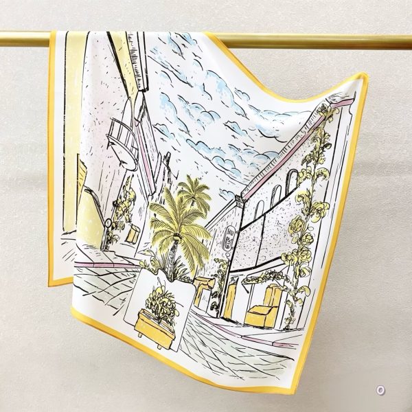 [ French Mediterranean Town Sketch ] 100% Real Crepe de Chine Satin Silk Bandana 70x70cm – Heavyweight 35g Square Scarf with Neat Tailored Edges
