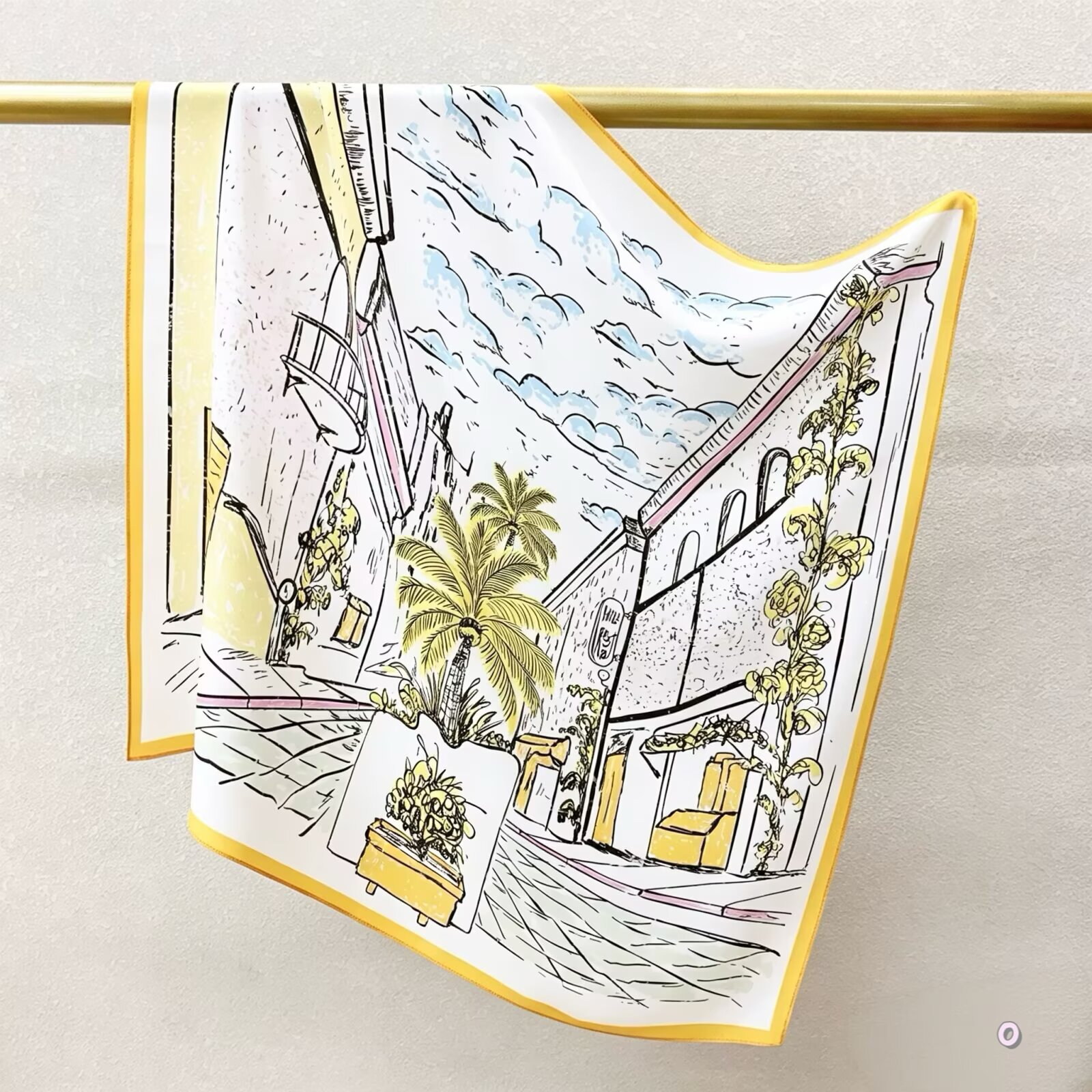 [ French Mediterranean Town Sketch ] 100% Real Crepe de Chine Satin Silk Bandana 70x70cm – Heavyweight 35g Square Scarf with Neat Tailored Edges
