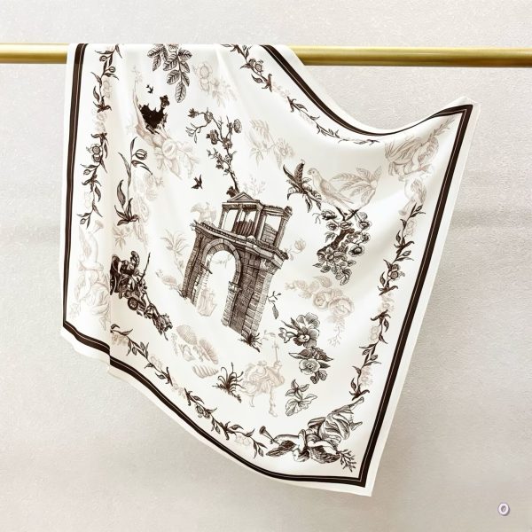 [ French Vintage Toile de Jouy Arch ] 100% Real Crepe de Chine Satin Silk Bandana 70x70cm – Heavyweight 35g Square Scarf with Neat Tailored Edges