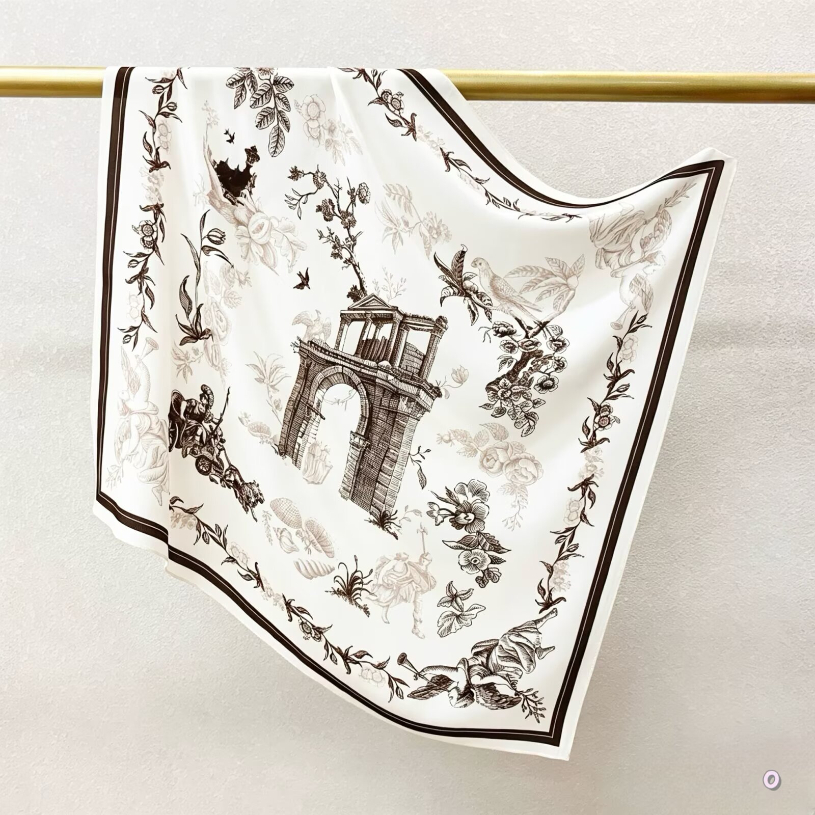 [ French Vintage Toile de Jouy Arch ] 100% Real Crepe de Chine Satin Silk Bandana 70x70cm – Heavyweight 35g Square Scarf with Neat Tailored Edges