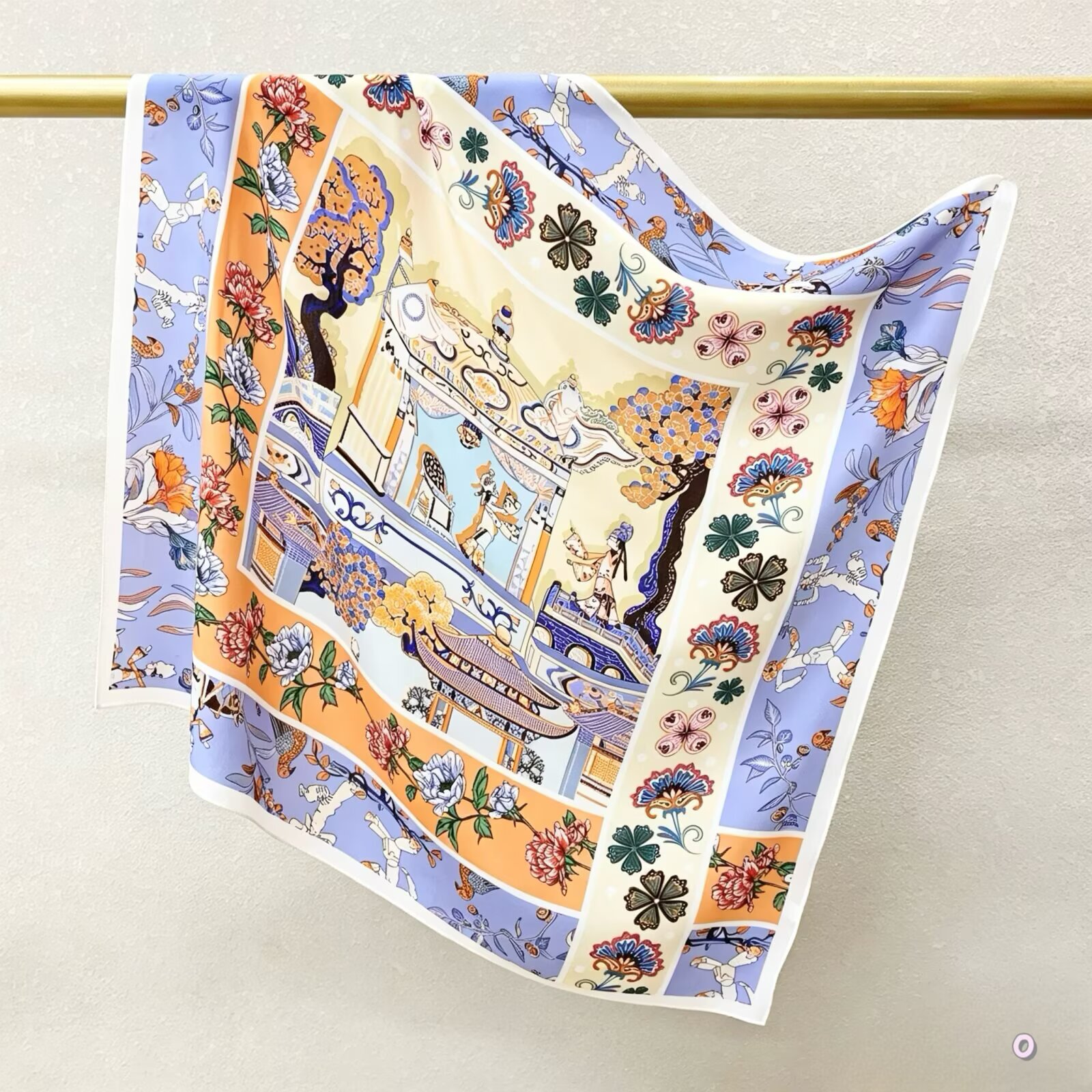 [ French Vintage Chinoiserie Garden ] 100% Real Crepe de Chine Satin Silk Bandana 70x70cm – Heavyweight 35g Square Scarf with Neat Tailored Edges