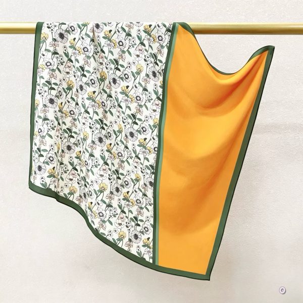 [ French Daisy & Avant-Garde Block ] 100% Real Crepe de Chine Satin Silk Bandana 70x70cm – Heavyweight 35g Square Scarf with Neat Tailored Edges