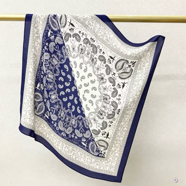 [ Classic Luxury Navy Paisley ] 100% Real Crepe de Chine Satin Silk Bandana 70x70cm – Heavyweight 35g Square Scarf with Neat Tailored Edges