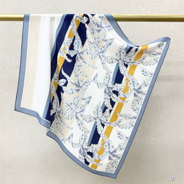 [ Modernist Tropical Palm & Stripes ] 100% Real Crepe de Chine Satin Silk Bandana 70x70cm – Heavyweight 35g Square Scarf with Neat Tailored Edges