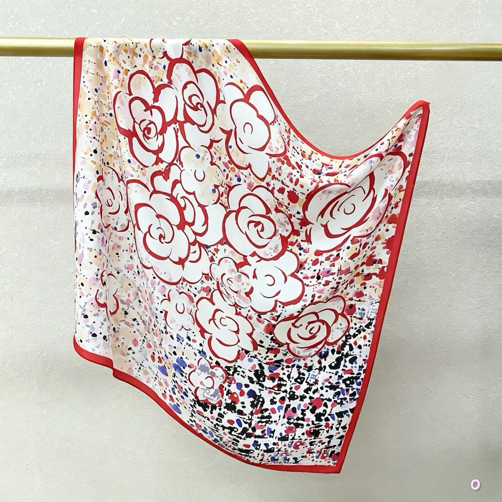 [ Contemporary Abstract Splatter & Camellia ] 100% Real Crepe de Chine Satin Silk Bandana 70x70cm – Heavyweight 35g Square Scarf with Neat Tailored Edges
