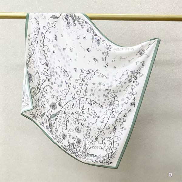 [ French Lily of the Valley Sketch ] 100% Real Crepe de Chine Satin Silk Bandana 70x70cm – Heavyweight 35g Square Scarf with Neat Tailored Edges