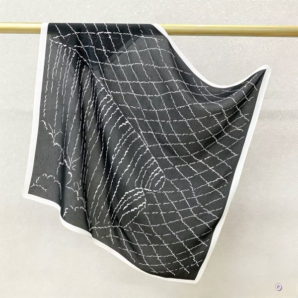 [ Modernist Abstract Grid & Waves ] 100% Real Crepe de Chine Satin Silk Bandana 70x70cm – Heavyweight 35g Square Scarf with Neat Tailored Edges