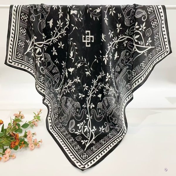 [ Mythological Tree of Life & Elephant ] 100% Real Silk Crepe Satin 90x90cm – Heavyweight 55g (with Pack) Square Scarf Wholesale