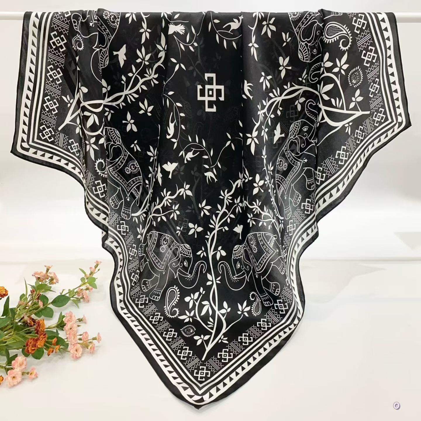 [ Mythological Tree of Life & Elephant ] 100% Real Silk Crepe Satin 90x90cm – Heavyweight 55g (with Pack) Square Scarf Wholesale