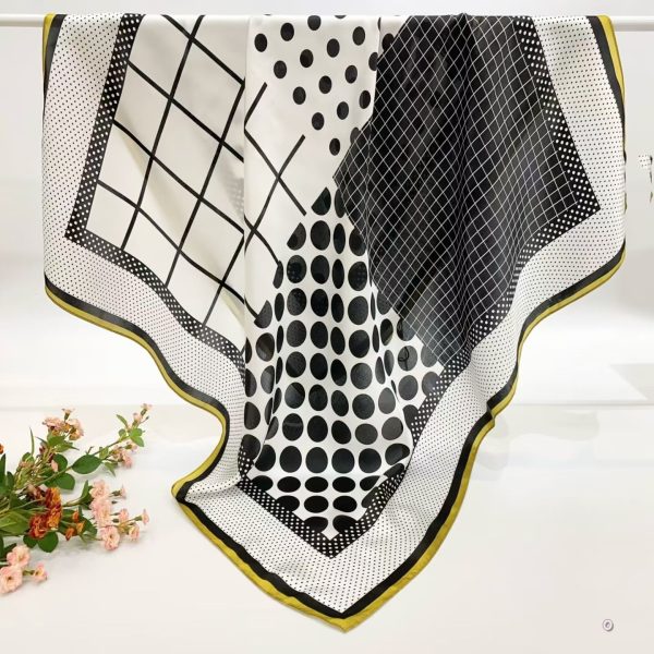 [ Modernist Geometric Grid & Polka Dot ] 100% Real Silk Crepe Satin 90x90cm – Heavyweight 55g (with Pack) Square Scarf Wholesale