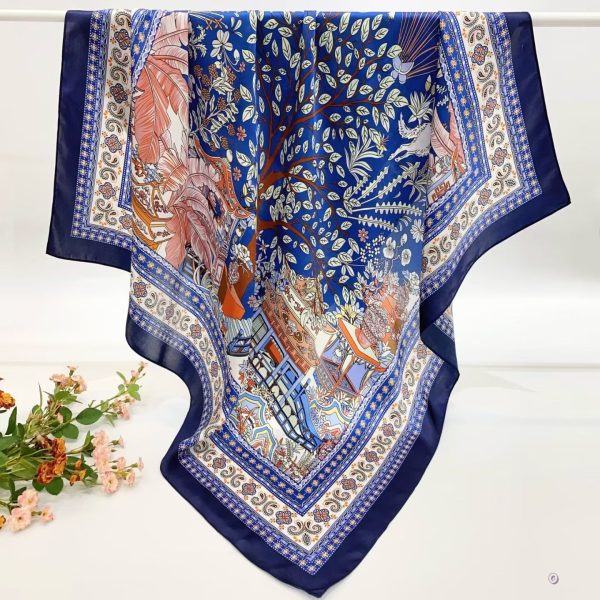 [ Baroque Enchanted Forest ] 100% Real Silk Crepe Satin 90x90cm – Heavyweight 55g (with Pack) Square Scarf Wholesale