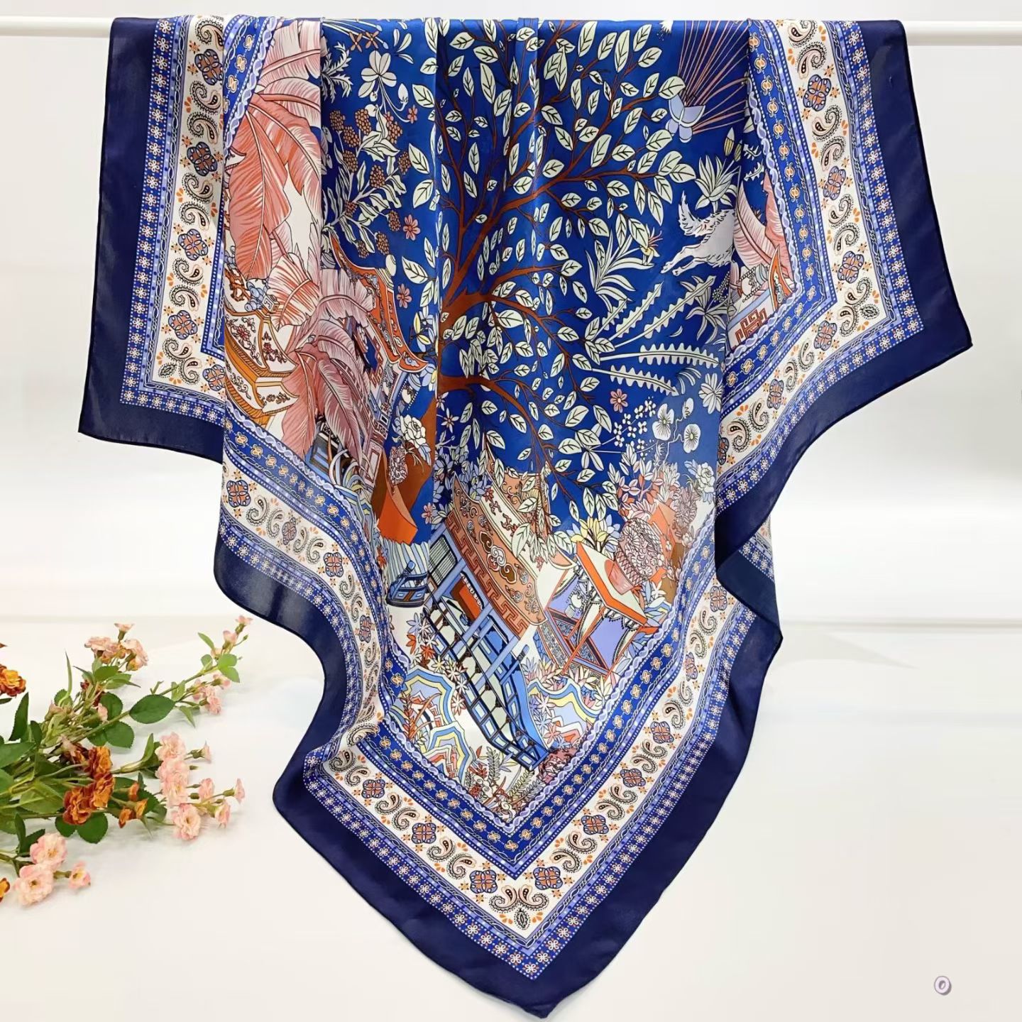 [ Baroque Enchanted Forest ] 100% Real Silk Crepe Satin 90x90cm – Heavyweight 55g (with Pack) Square Scarf Wholesale