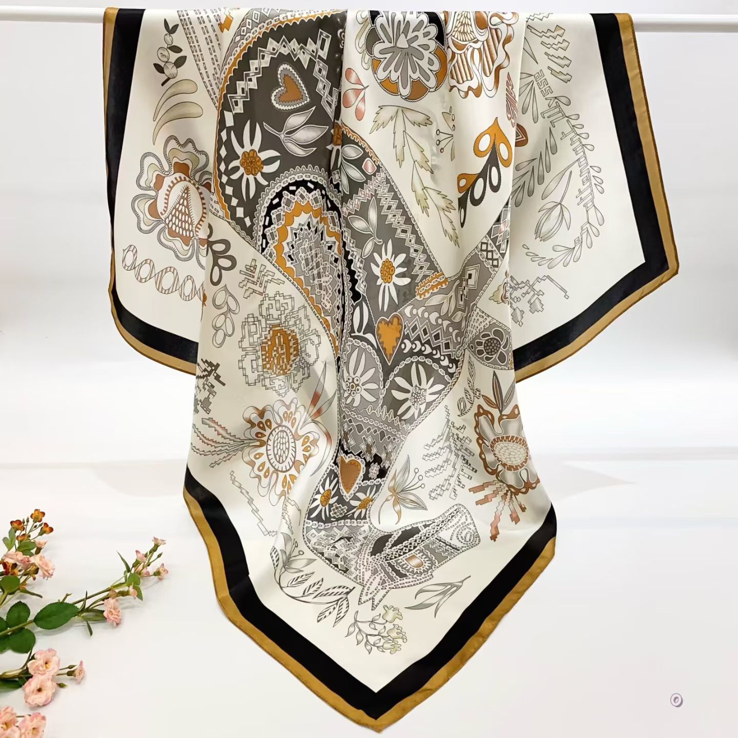 [ Modern Folk Floral & Heart Patchwork ] 100% Real Silk Crepe Satin 90x90cm – Heavyweight 55g (with Pack) Square Scarf Wholesale