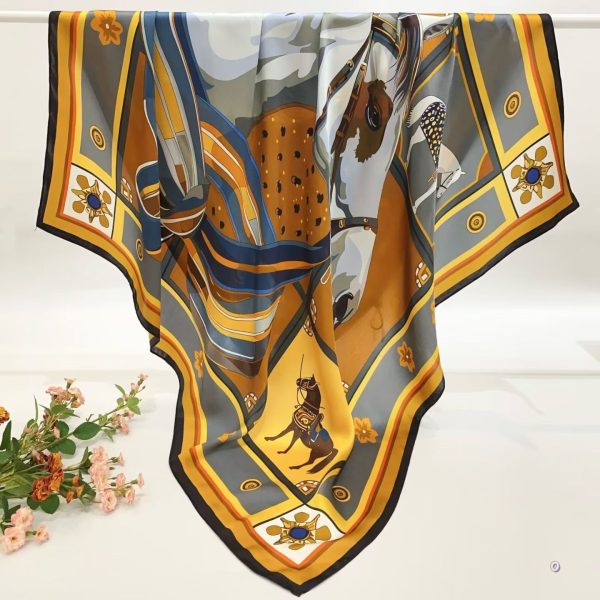 [ Classic Luxury Equestrian Horses ] 100% Real Silk Crepe Satin 90x90cm – Heavyweight 55g (with Pack) Square Scarf Wholesale