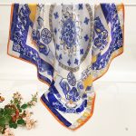 [ Classic Chinoiserie Cobalt Porcelain ] 100% Real Silk Crepe Satin 90x90cm – Heavyweight 55g (with Pack) Square Scarf Wholesale