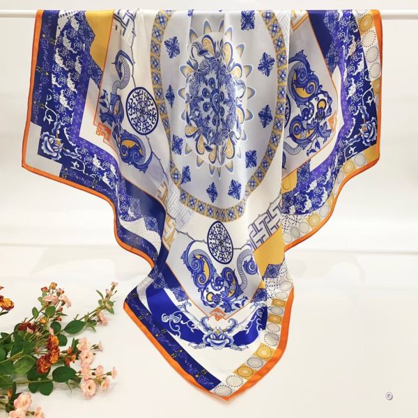 [ Classic Chinoiserie Cobalt Porcelain ] 100% Real Silk Crepe Satin 90x90cm – Heavyweight 55g (with Pack) Square Scarf Wholesale
