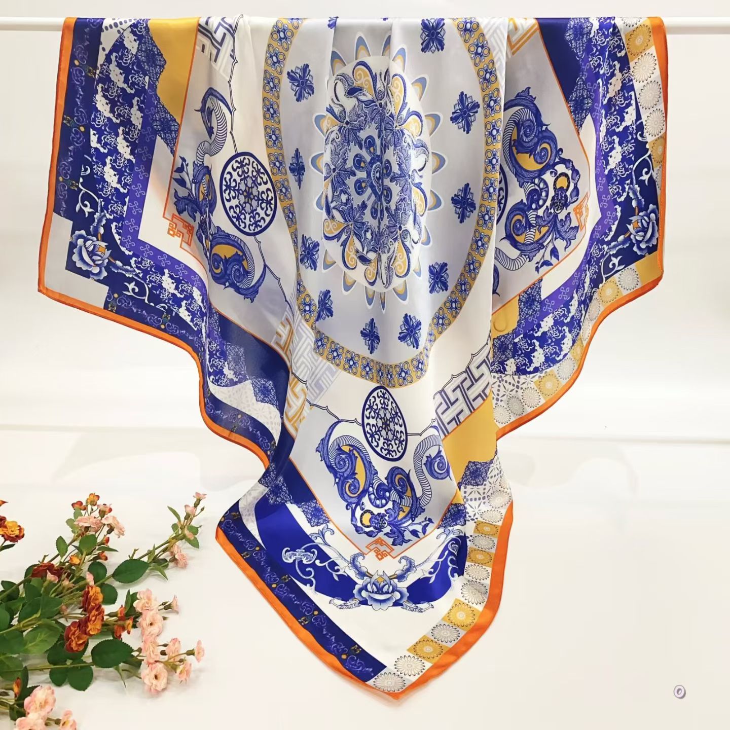 [ Classic Chinoiserie Cobalt Porcelain ] 100% Real Silk Crepe Satin 90x90cm – Heavyweight 55g (with Pack) Square Scarf Wholesale